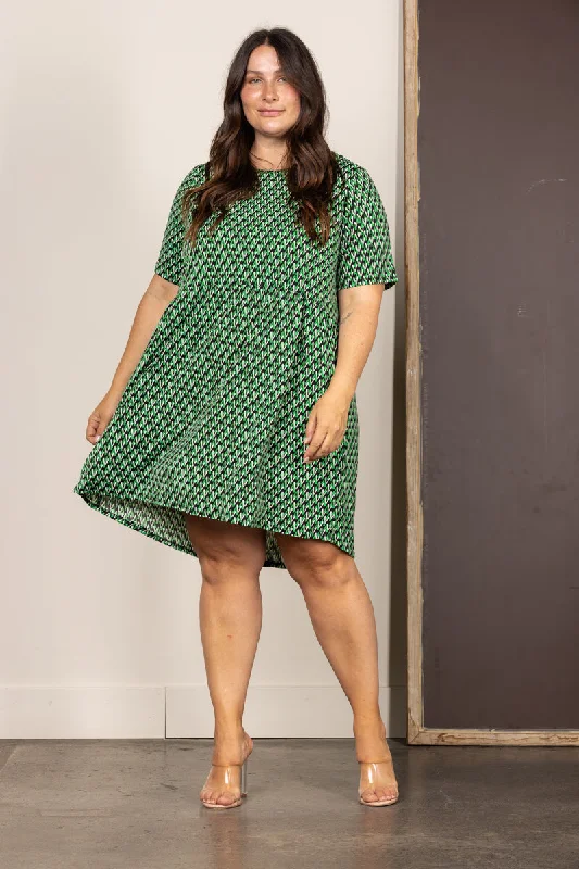 Affordable Fashion for Women GREEN CHEVRON PRINT SHORT SLEEVES PLUS SIZE MINI DRESS D5105X