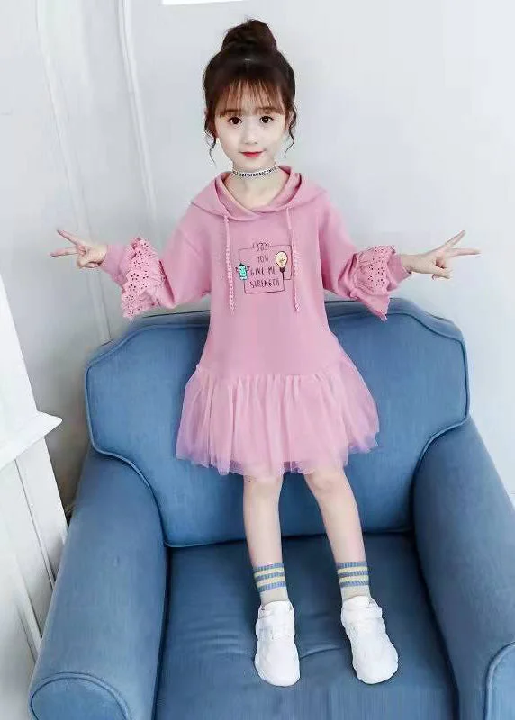 Shop Our Looks Modern Pink Hooded Print Patchwork Cotton Girls Mid Dress Fall