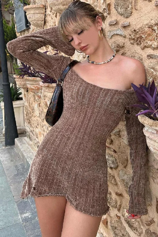 Seasonal Sale Brown Off Shoulder Mini Dress