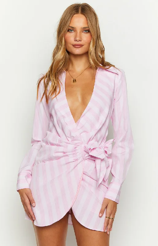 Online Boutiques Affordable Holly Pink Stripe Tie Up Shirt Mini Dress