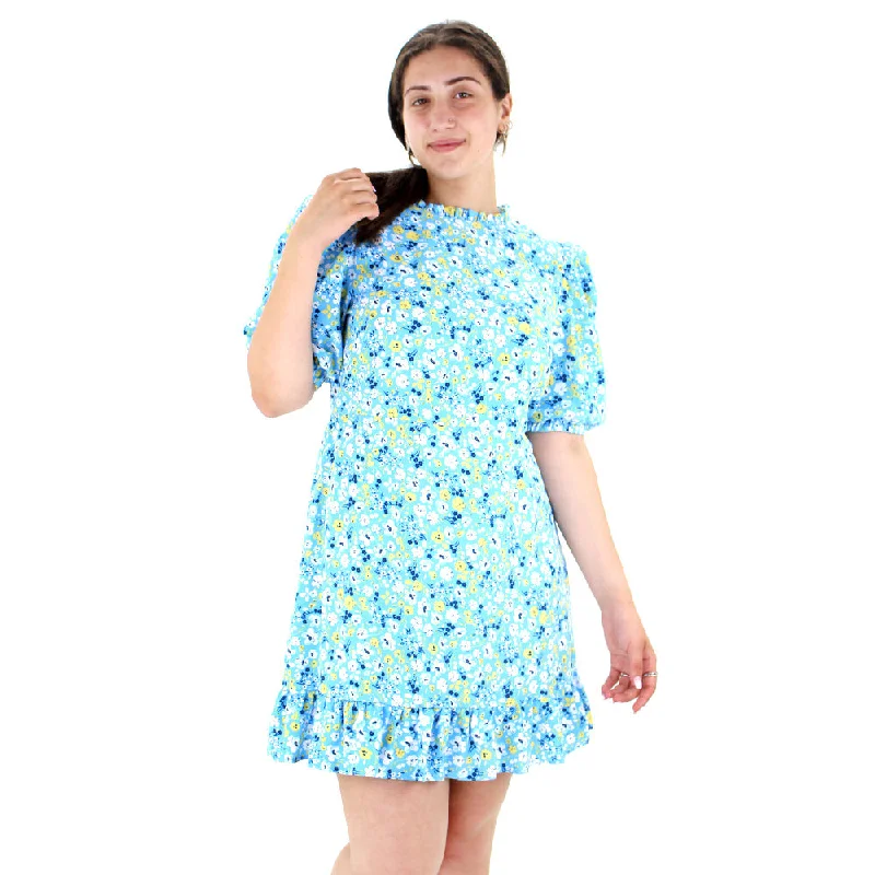 Redefining Women's Style Women's Floral Ruffle Hem Short Dress,Blue