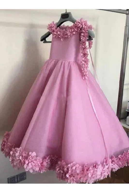 Comfortable Casual Wear Floor Length Scoop Neck Ball Gown Flower Girls Dresses With 3D Floral Appliques F077