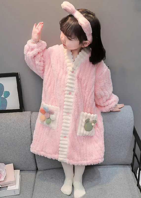 Flash Sale, Don't Miss Art Pink Button Patchwork Fluffy Girls Pajamas Dress Long Sleeve