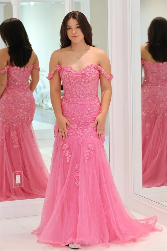 Day To Night Styles Pink Off-Shoulder Floral Appliques Mermaid Long Prom Dress