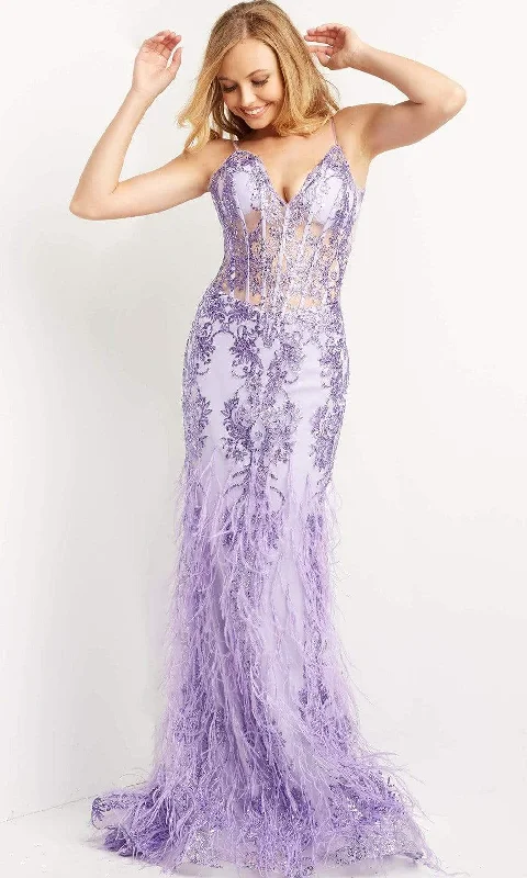 Daily Deals Jovani - 08141 Feather Accented Corset Gown