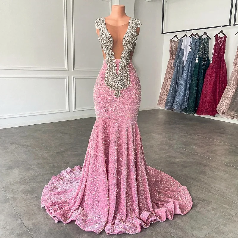 Trend Alert Long Sparkly Prom Dresses Mermaid Elegant Sheer Luxury Silver Handmade Beaded Pink Sequin Black Girls Prom Dresses