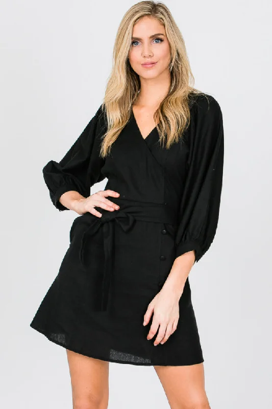 Big Discounts BLACK V-NECK 3/4 SLEEVES SELF-TIE WAIST CASUAL MINI DRESS MDR7435