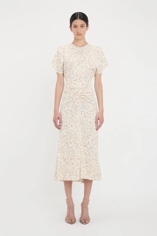 Clothing Sale Gathered Waist Midi Dress In Floral Ovation Peach