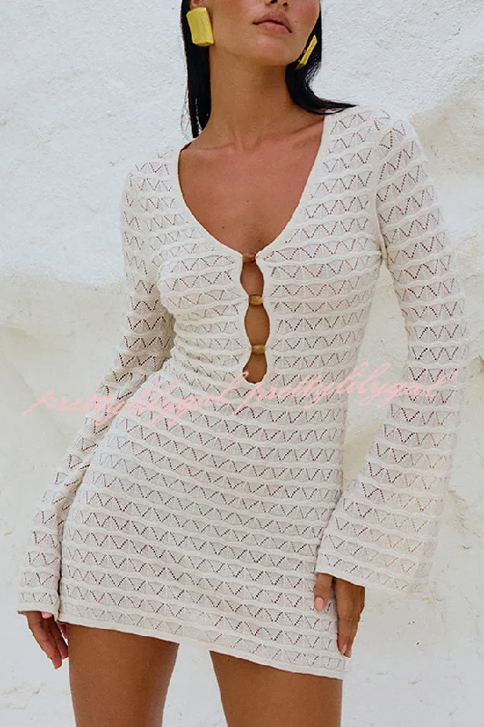 Latest Fashion Solid Long Sleeve V Neck Beach Cover Up Mini Dress