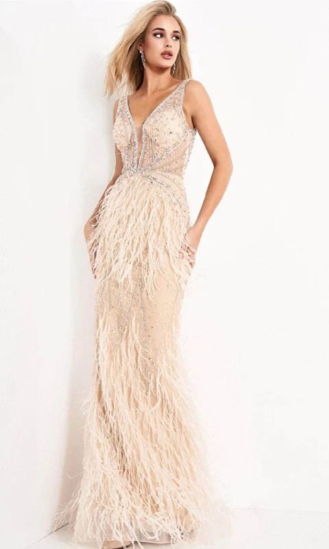 Flash Sale Online Jovani 03023SC - Feather Detailed V-Neck Prom Gown