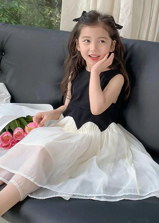 Signature Style Essentials Fine Black O Neck Wrinkled Patchwork Tulle Kids Girls Dress Sleeveless