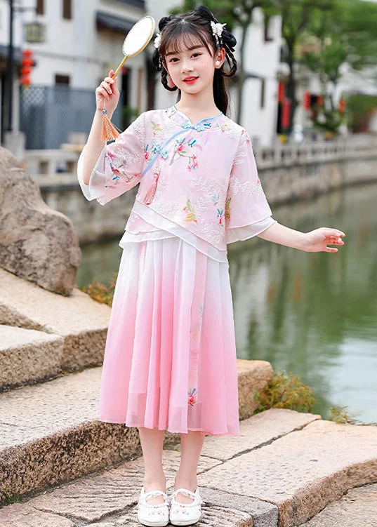 New Season Fashion Preview Elegant Pink Embroideried Patchwork Tassel Chiffon Girls Long Dresses Short Sleeve