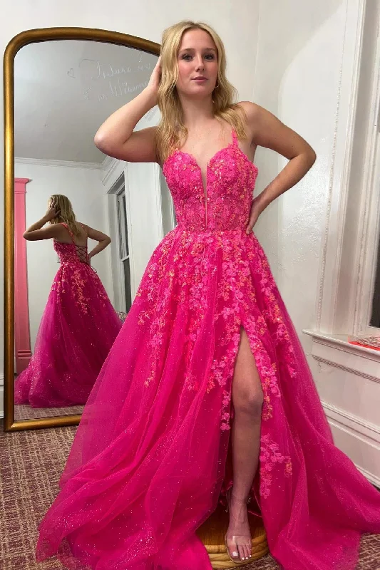 Trendy Styles Hot Pink Floral A-line Layers Long Prom Dress with Slit