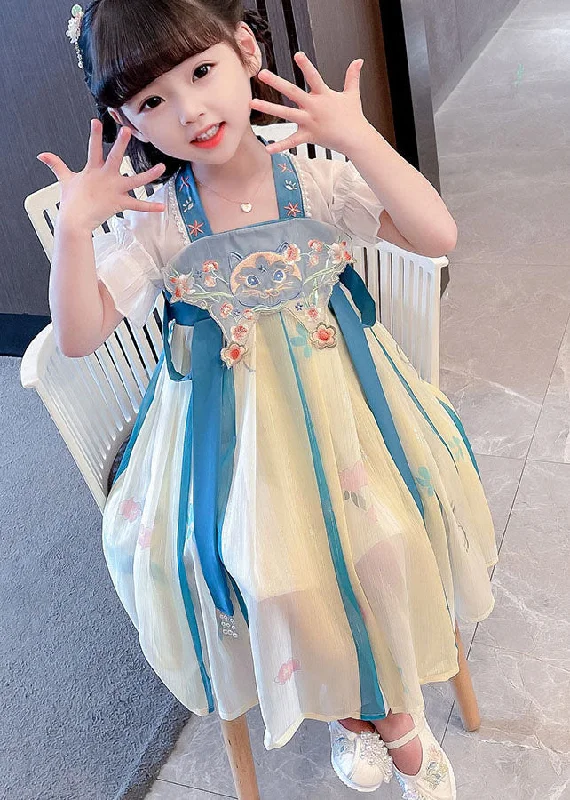 Everyday Basics Boutique Blue Embroideried Cats Patchwork Chiffon Baby Girls Dresses Summer