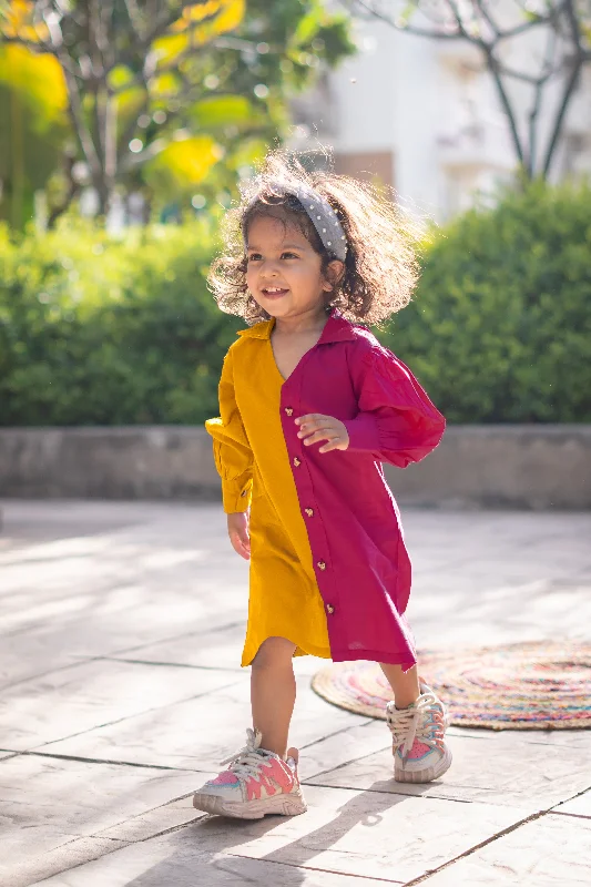 Limited Time Offer Girls Pure Cotton Color Block Dress with Collar - Mustard Magenta