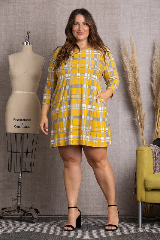 Chic Women’s Clothing MUSTARD PLAID CHECKERED PRINT PLUS SIZE MINI DRESS-SD21058P