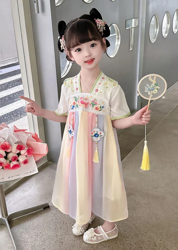 Trendy Street Style Attire Oriental Green Tasseled Embroideried Patchwork Chiffon Baby Girls  Dress Summer