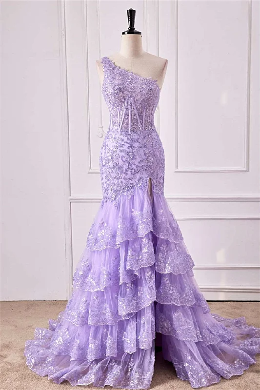 Fashion Forward Lavender One Shoulder Floral Layers Mermaid Long Prom Dress with Slit