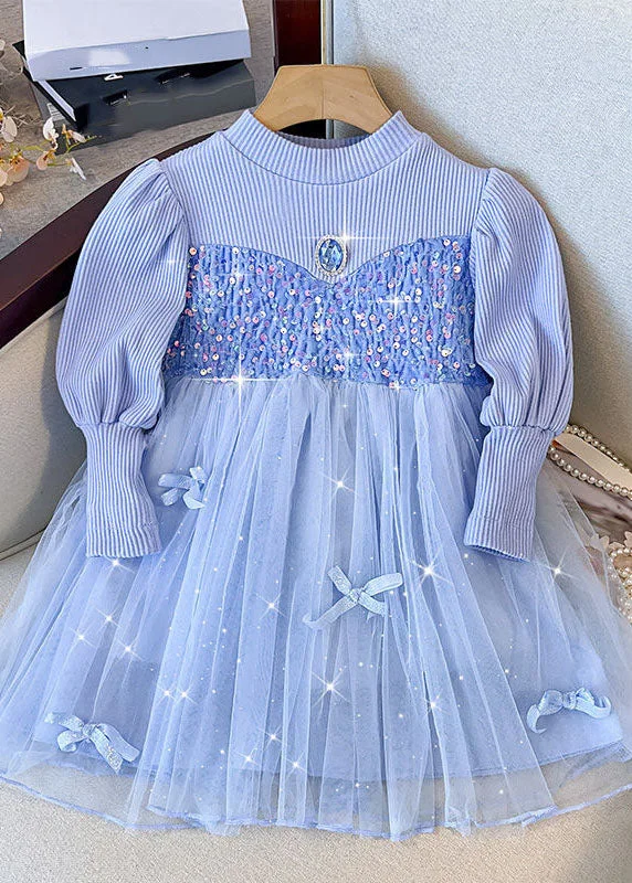 Workwear Fashion for Women Fine Blue Knit Patchwork Sequins Diamond Tulle Girls Long Dress Fall