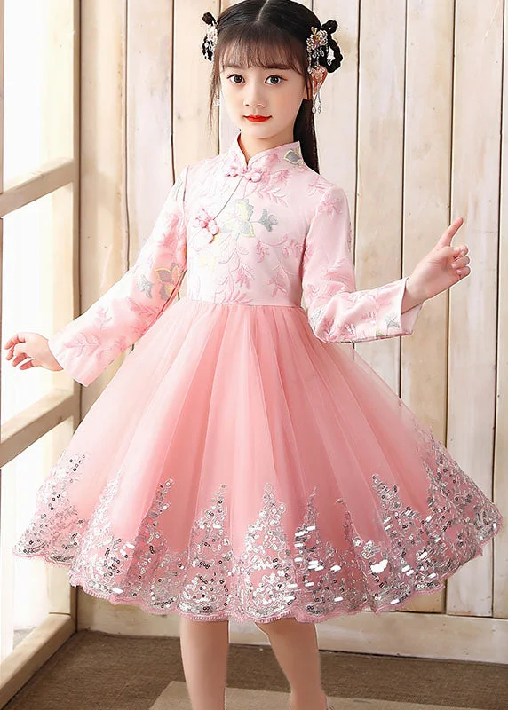 Vintage Women’s Fashion Cute Pink Embroideried Patchwork Tulle Girls Long Dress Fall