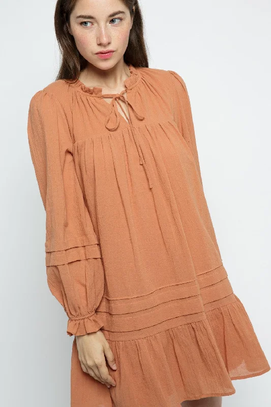 Daily Deals CARAMEL RUFFLED TIE-NECK LONG SLEEVES MINI DRESS MDR8656