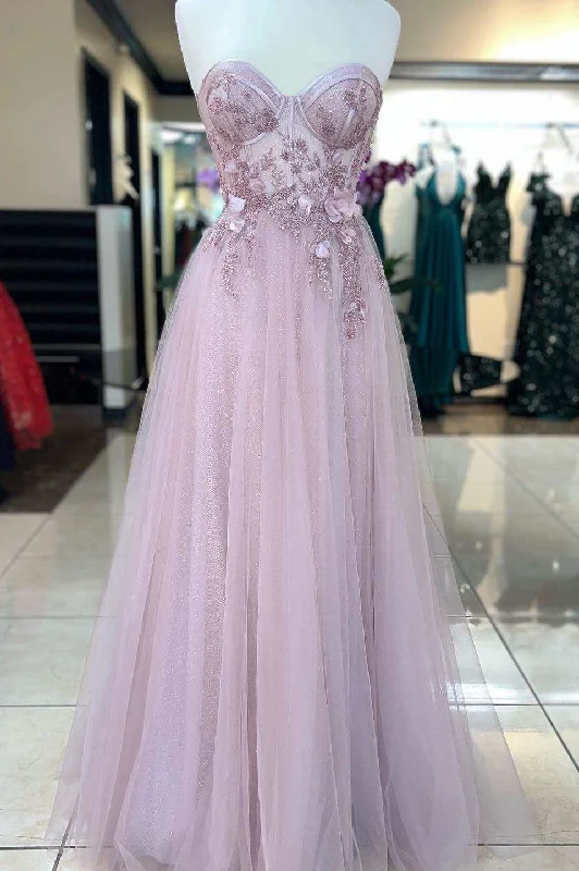 End Of Season Sale Princess Pink Sweetheart 3D Floral Lace A-Line Prom Dress