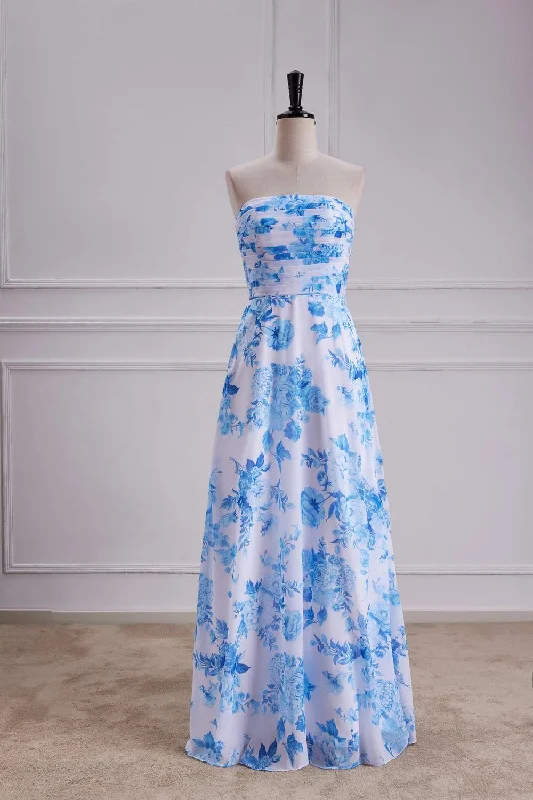 Wardrobe Update Blue Floral Strapless A-line Long Bridesmaid Dress