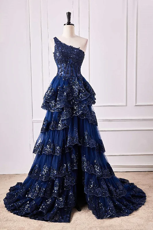 Season Sale Dark Navy One Shoulder Floral Layers A-line Long Prom Dress with Slit