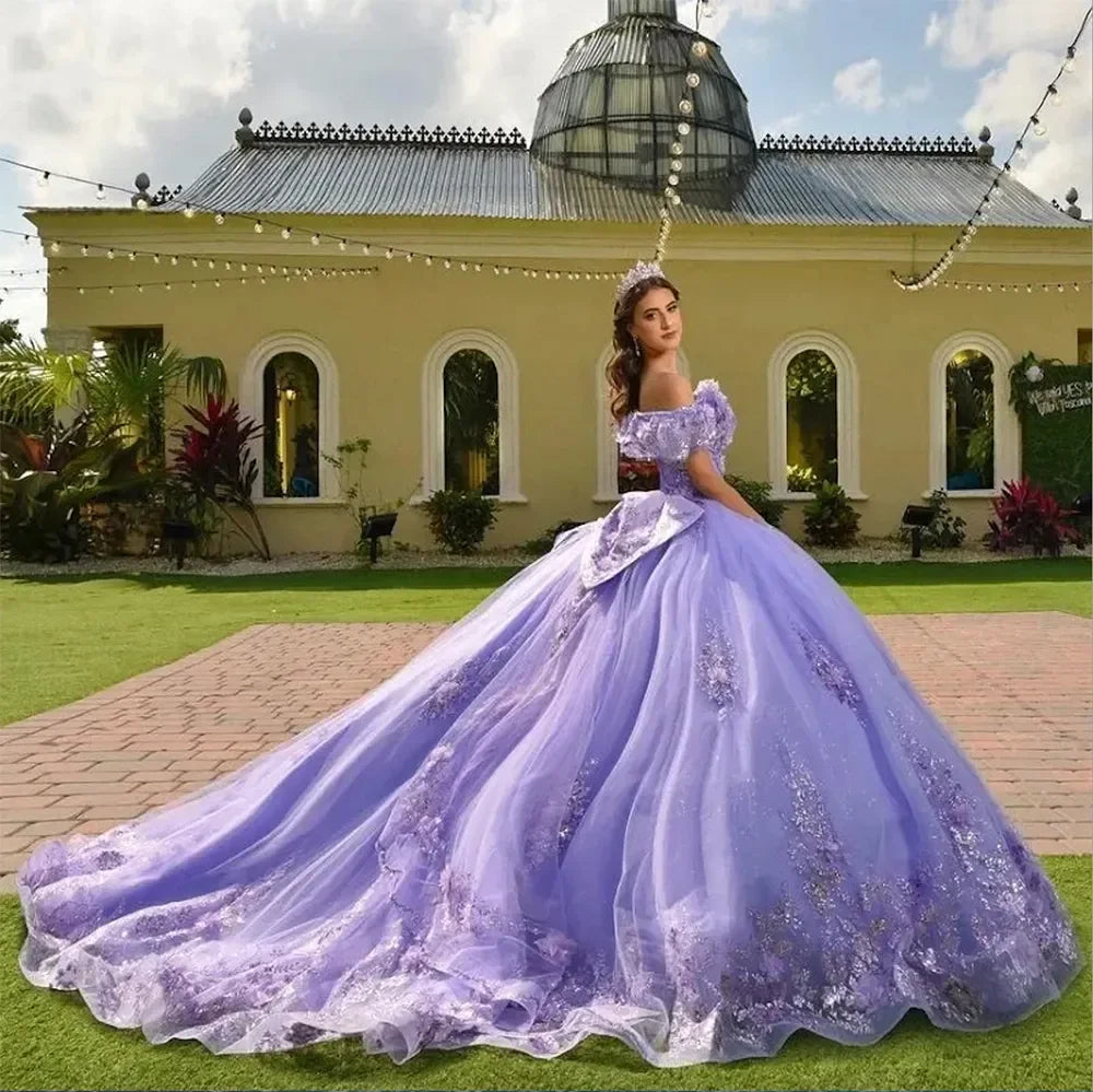 Trendy Women's Wear Luxury Lavender Quinceanera Dresses Applique Lace-Up Bow Vestidos De 15 Anos Tulle Mexican Girls Birthday Gowns Customized