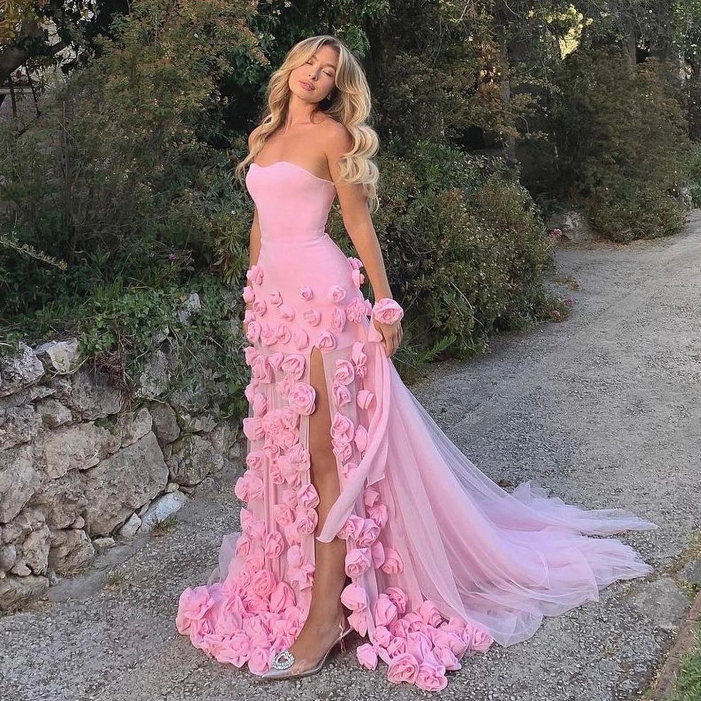 Everyday Wear Chic Baby Pink 3D Flowers Mermaid Evening Dress 2024 Elegant Sweetheart Side Slit Sexy Girls Prom Party Gowns Sf009