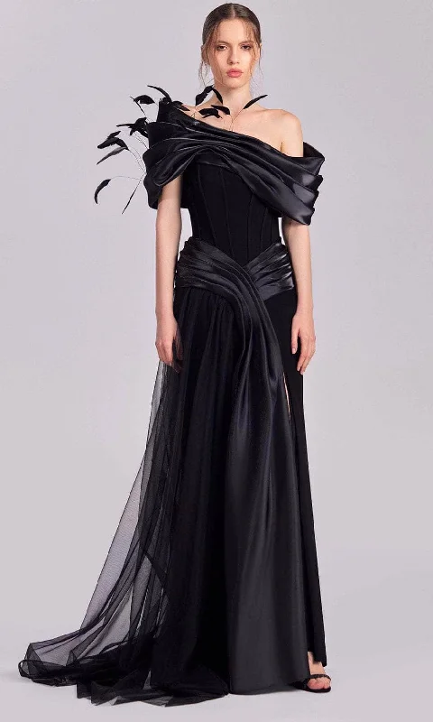 Women Clothes MNM Couture G1806 - Draped Bodice Off Shoulder Evening Gown