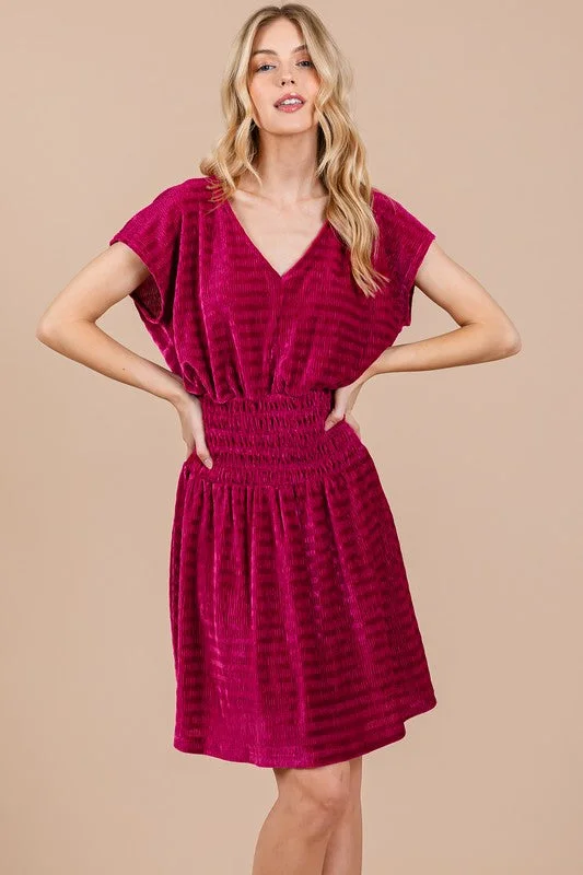 Limited Time Offers FUCHSIA TEXTURED KNIT SMOCKING DETAILED MINI DRESS CFDLU51382SA