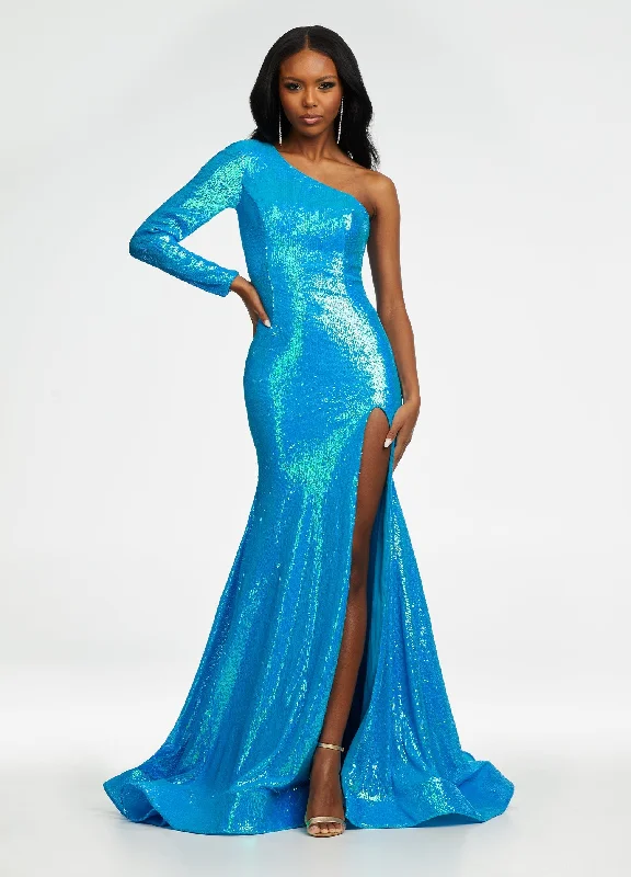 Shop Ladies Clothes Ashley Lauren 11026 Size 4 Neon Blue Prom Dress One Shoulder Sequin Pageant Gown Slit