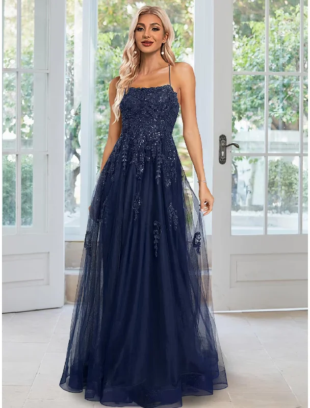 Durable Fashion Picks A-Line Sheath / Column Evening Gown Floral Dress Formal Floor Length Sleeveless Spaghetti Strap Tulle with Sequin Appliques