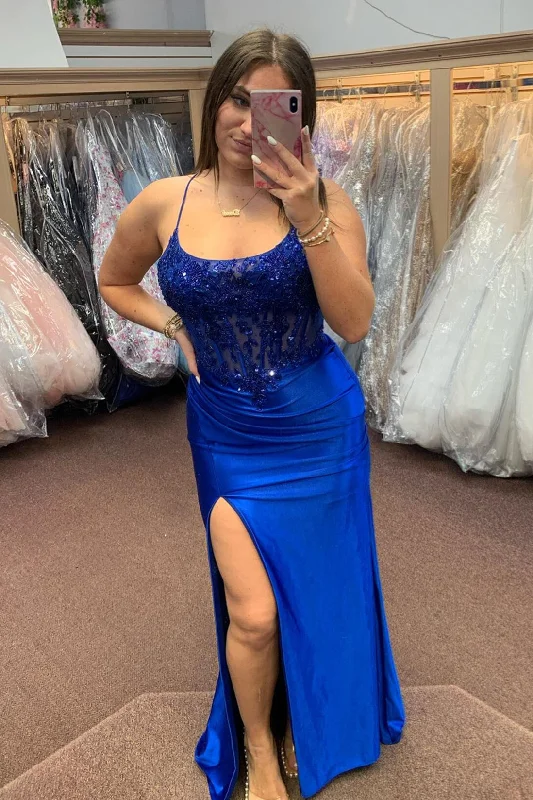 Exclusive Sale Royal Blue Lace-Up Floral Mermaid Satin Long Prom Dress with Slit