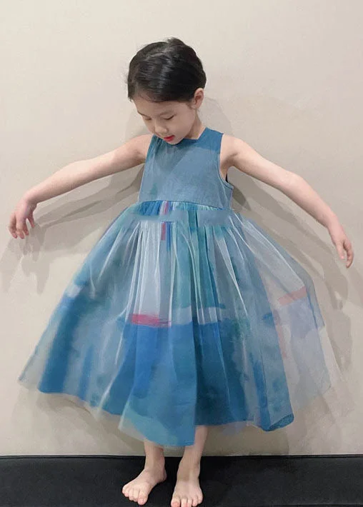 Exclusive Designer Collection Art Peacock Blue O Neck Wrinkled Patchwork Tulle Kids Girls Long Dress Sleeveless