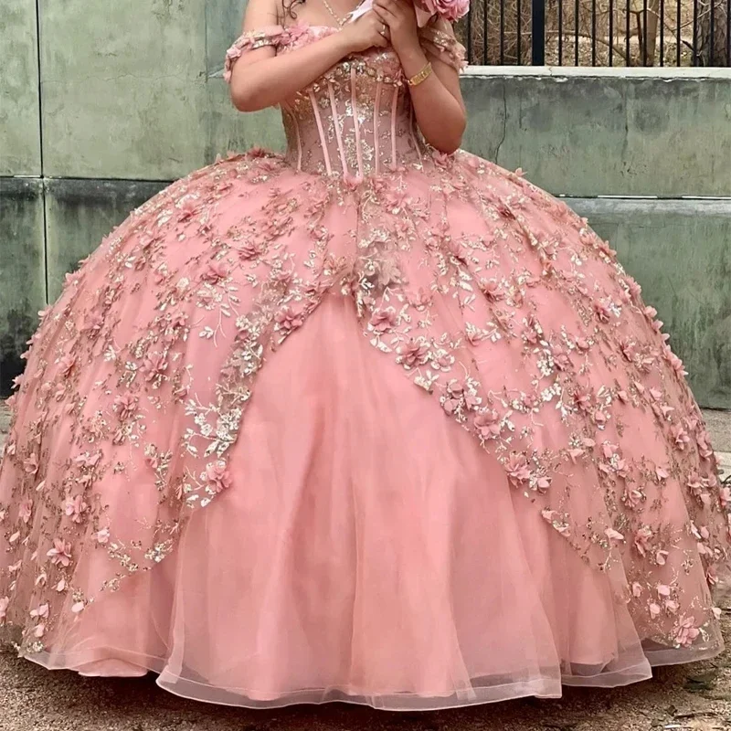 Everyday Fashion Princess Girls Quinceanera Dresses Golld Applique Lace Flower Tull Lace Up Ball Gown Bithday Party Prom