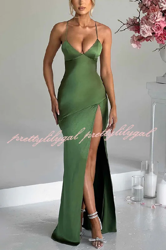 Exclusive Sale Satin Solid Color Sexy Backless Lace Up High Slit Maxi Dress