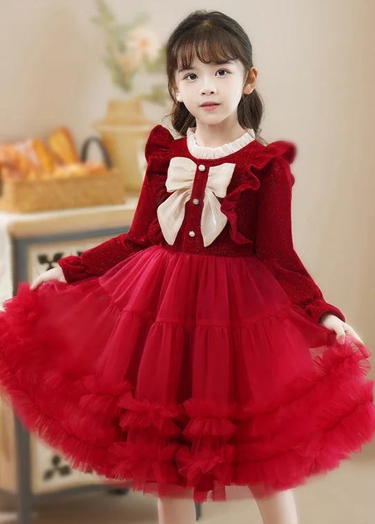 All Season Basics Discount Fine Red Ruffled Patchwork Tulle Baby Girls Princess Dress Fall