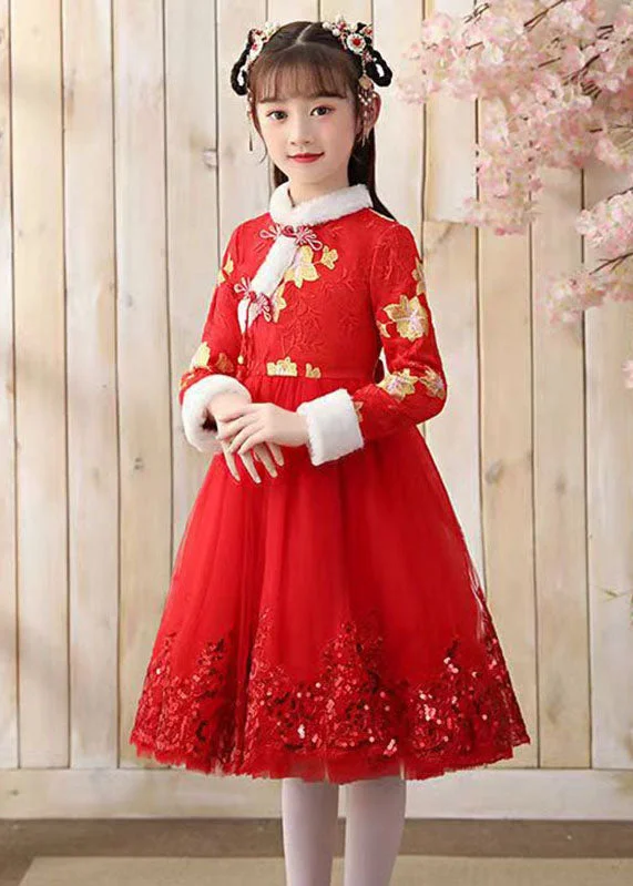 Chic Women’s Clothing Online Elegant Red Fur Collar Sequins Patchwork Button Tulle Girls Long Dress Winter