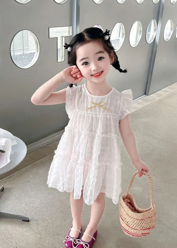 All Season Fashion Collection Beige O-Neck Bow Girls Maxi Dress Summer