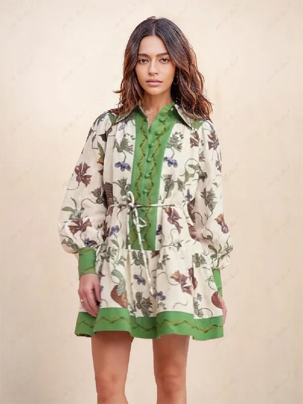 Durable Fashion Picks Unique Print Color Match Graceful Balloon Sleeve Shirt Mini Dress