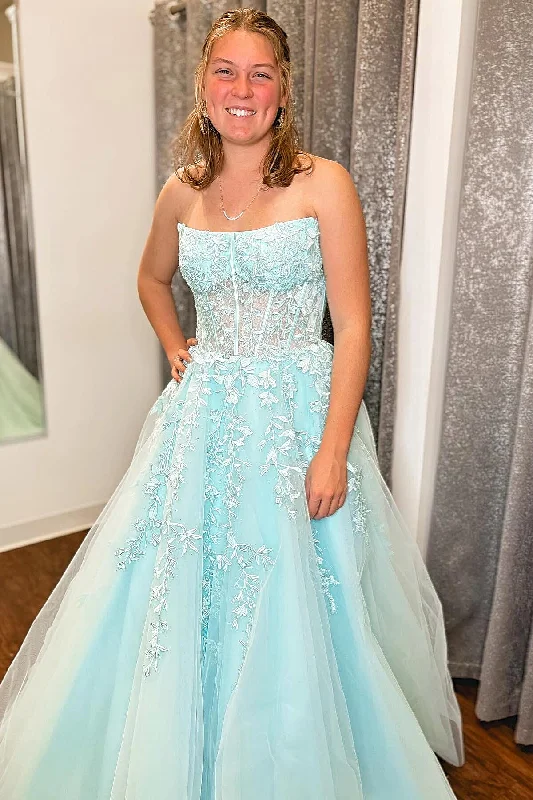 Seasonal Trends Light Blue Strapless Floral A-line Long Prom Dress