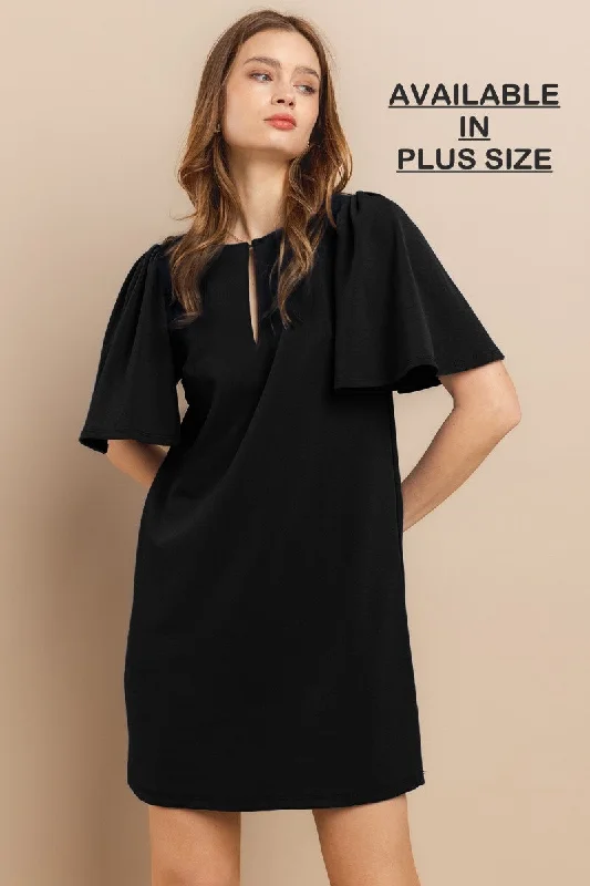 High Street Women’s Fashion for Trendy Shoppers BLACK RUFFLED SHORT SLEEVES FRONT KEYHOLE PLUS SIZE MINI DRESS PDU52260SA