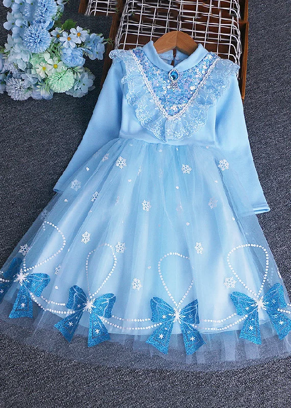 Best Deals Of The Season Chic Blue Bow Sequins Patchwork Warm Fleece Baby Girls Dress Winter