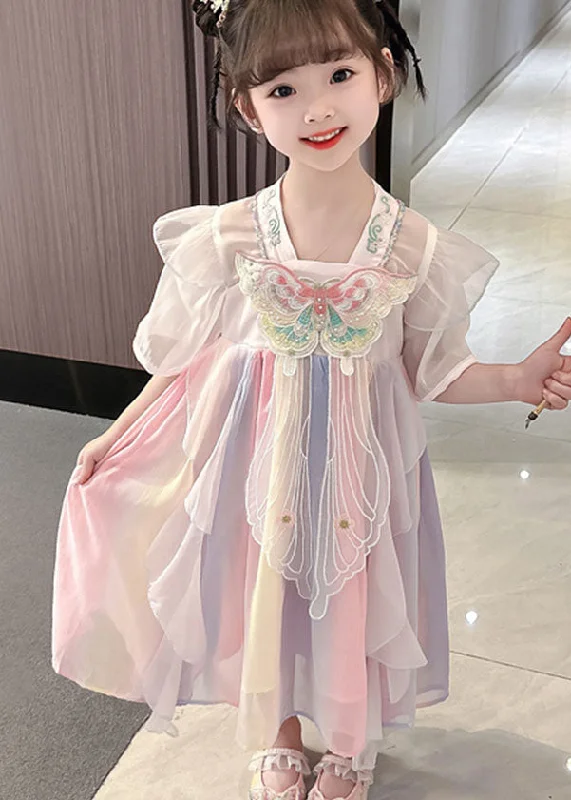 Style Your Wardrobe Lovely Pink Embroideried Butterfly Patchwork Chiffon Kids Girls Dresses Summer