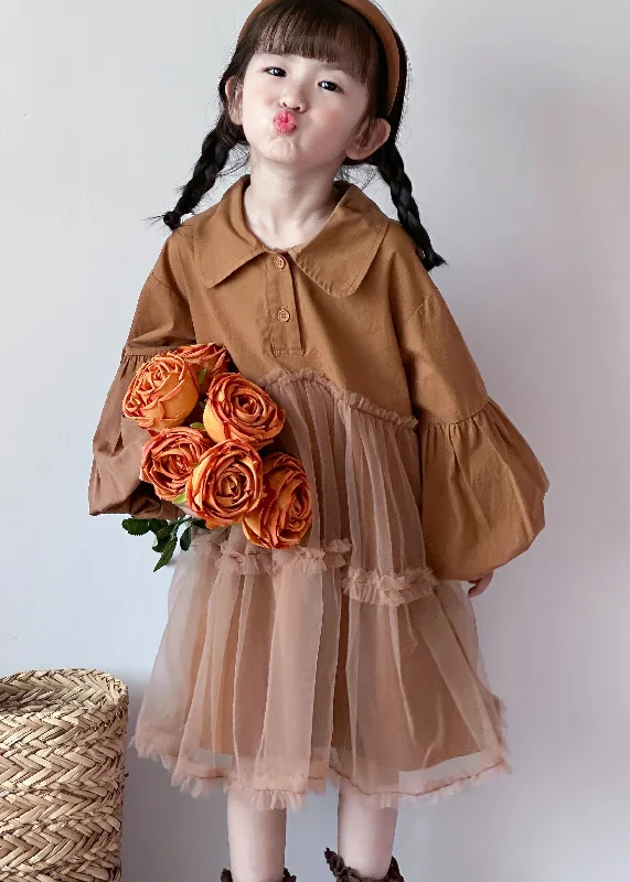 Comfortable Women’s Outfits Boutique Caramel Peter Pan Collar Tulle Patchwork Cotton Baby Girls Dress Fall