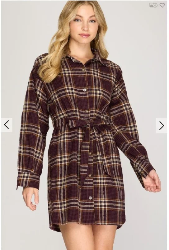 Clearance Sale, All Cheap PLUM PLAID LONG SLEEVES WAIST-TIE SHIRT MINI DRESS SS8447