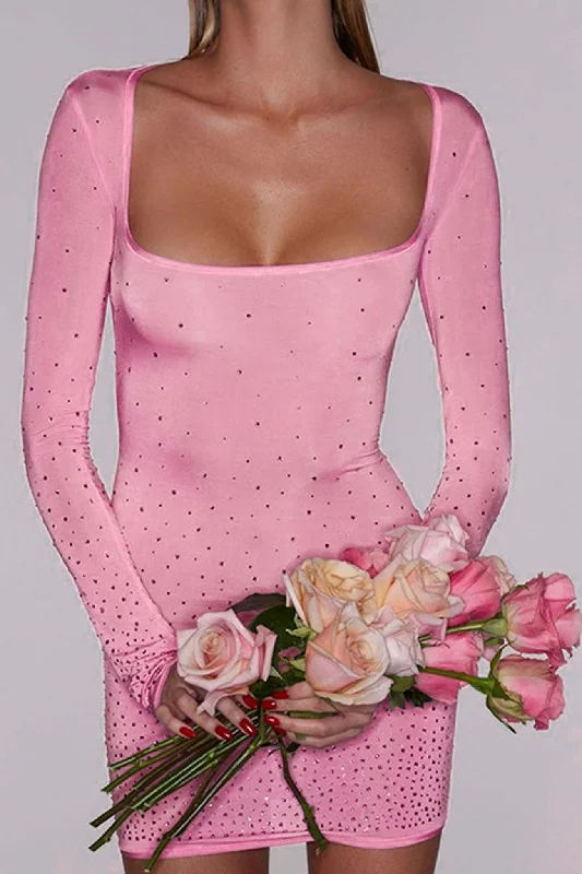 Stylish Savings Pink Rhinestone U Neck Mini dress