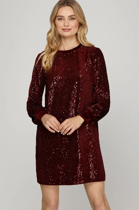 Casual Chic for Women WINE SEQUIN ROUND NECK VELVET CONTRAST MINI DRESS SSY7835